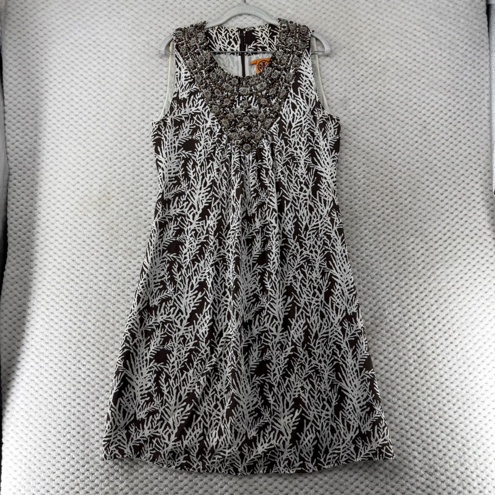 Tory Burch Dress Silk Brown & White Print Beaded Neckline Reef Coastal Resort 12